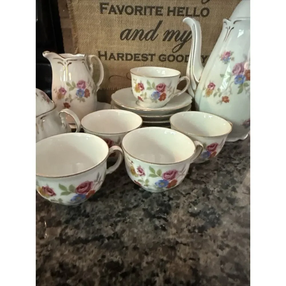 Vintage Rare Us Zone Germny Porcelain Tea Set Beautiful 14Piece Floral Gold Trim